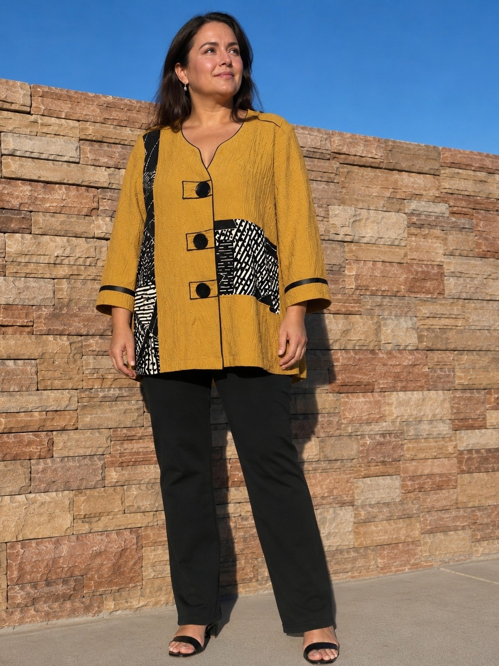 Ali Miles Mustard Yellow Textured Tunic Jacket Blouse Size S Oversized M/L Fit
